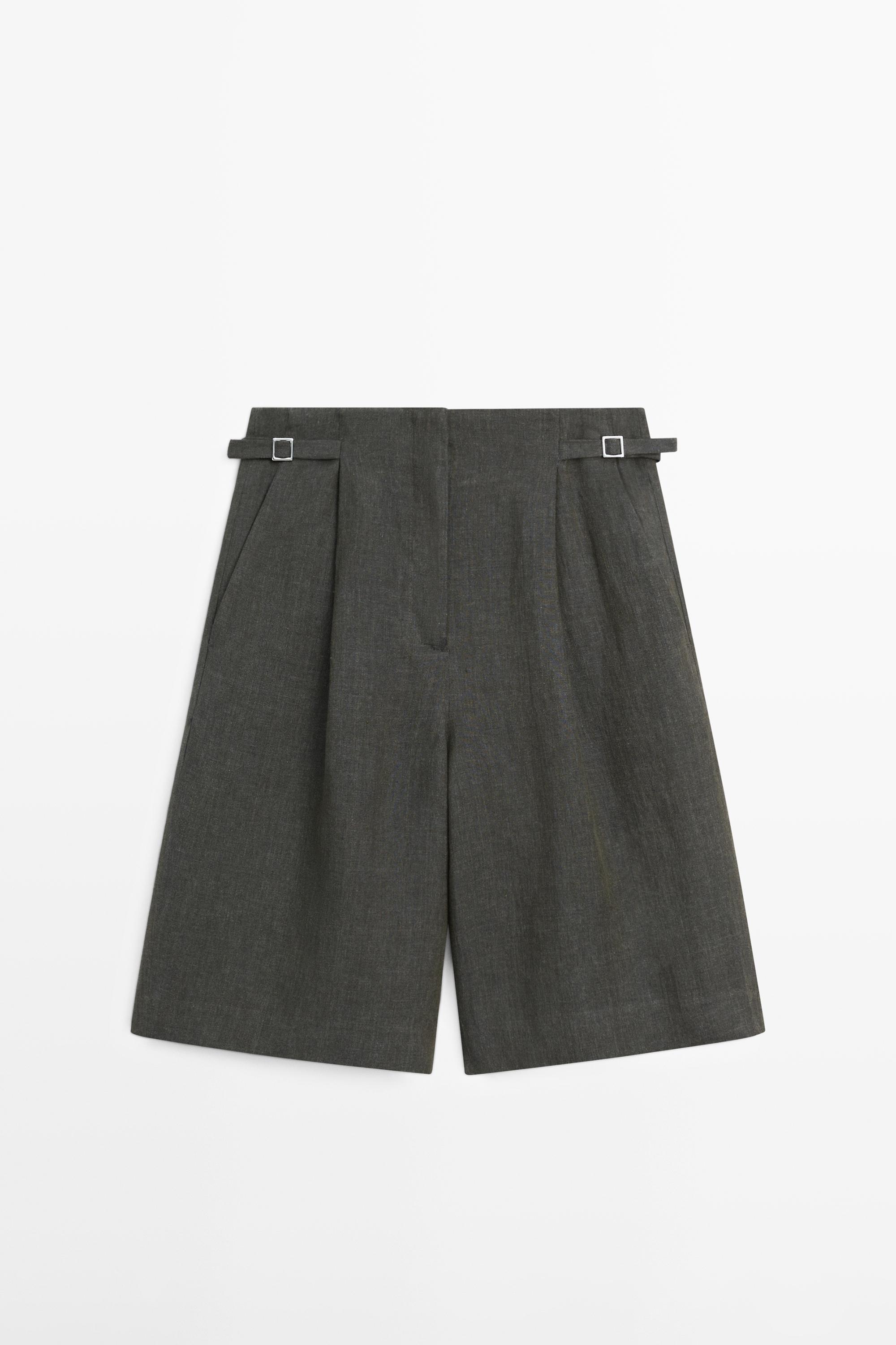 Long melange linen Bermuda shorts with buckle detail